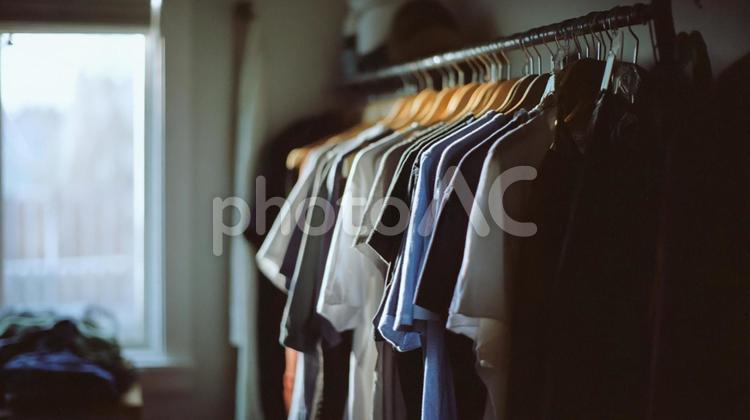 整然と並んだ家庭の衣類ラック 服,洋服,ハンガーラックの写真素材
