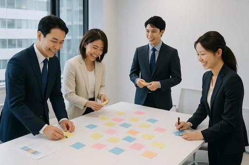 立って作業する会議風景 立って作業する会議風景の写真