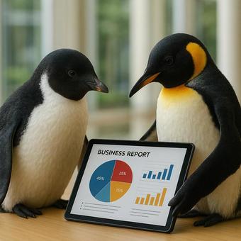 商談をするペンギンの写真