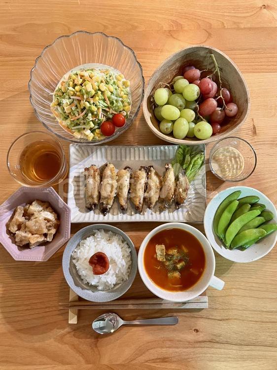 手羽中ガーリック焼き定食 食事,ご飯,手羽中の写真素材