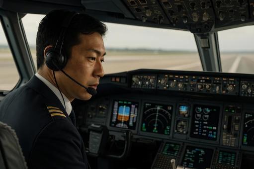 コックピットに座る日本人パイロット コックピットに座る日本人パイロットの写真