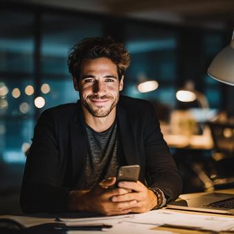 スマホを操作する若手経営者 スマホを操作する若手経営者の写真