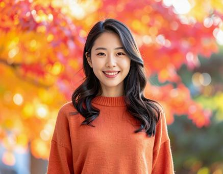 秋・もみじと彼女の写真