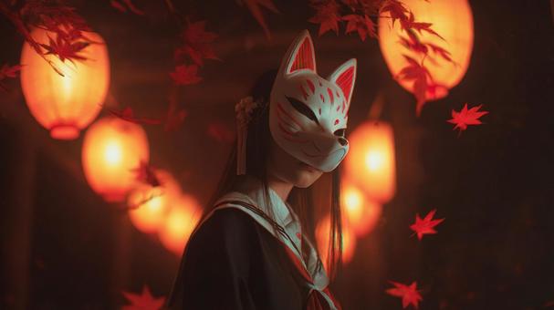 狐面と紅葉舞う夜 狐面と紅葉舞う夜の写真