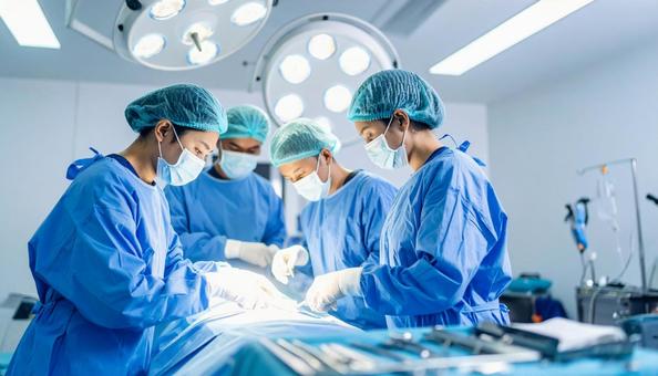 手術室で医師チームが手術で執刀している 手術室で医師チームが手術で執刀しているの写真