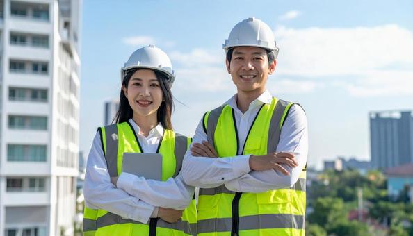高層ビルと男女の日本人作業員 高層ビルと男女の日本人作業員の写真