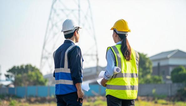 青空を見つめる電力・設計士・建築業の男女の写真