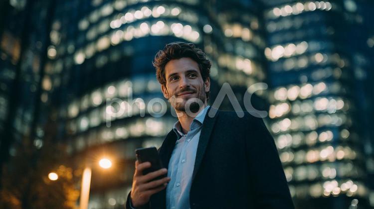 ビジネスマンの日常：都会の喧騒の中で ビジネスマン,男性,スマートフォンの写真素材