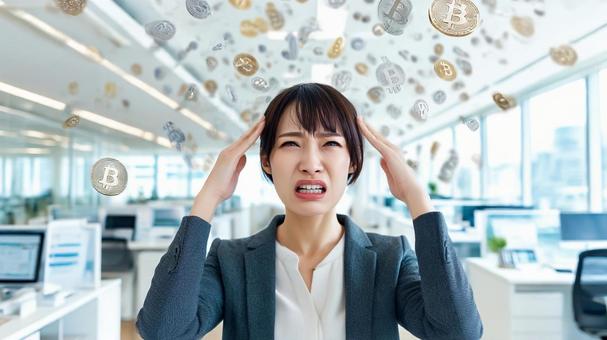 頭を抱える女性とビットコインのイメージ 頭を抱える女性とビットコインのイメージの写真