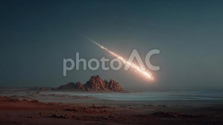 砂漠の夜空に現れた神秘的な彗星 流星,彗星,隕石の写真素材