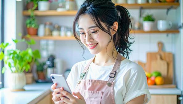 スマホでポイ活する笑顔の女性 スマホでポイ活する笑顔の女性の写真