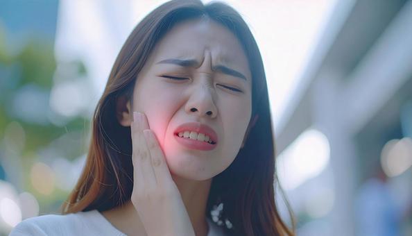 歯が痛んで手で押さえる女性 歯が痛んで手で押さえる女性の写真