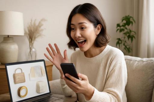 笑顔で電話を持つ女性 笑顔で電話を持つ女性の写真
