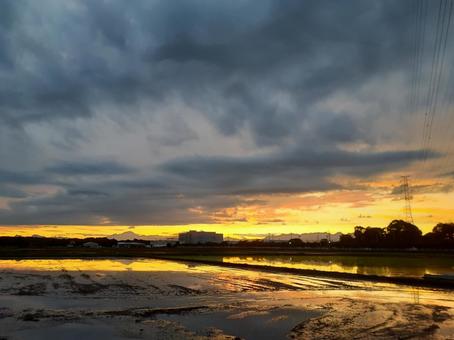 田んぼに映る 雨雲と夕焼け 田んぼに映る 雨雲と夕焼けの写真