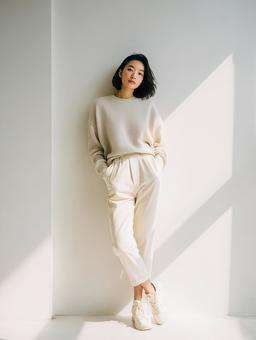 全身白コーデの爽やかな女性 全身白コーデの爽やかな女性の写真