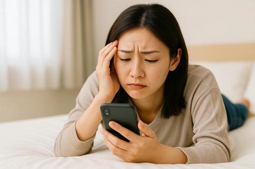 スマホを見て悩む女性 スマホを見て悩む女性の写真