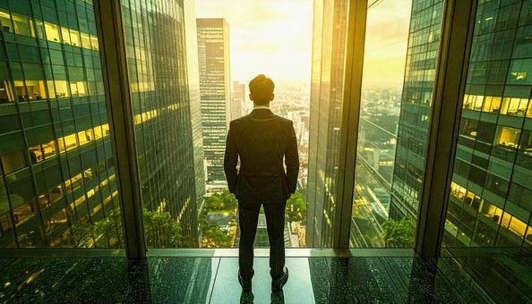 将来を考える日本人ビジネスマンの写真