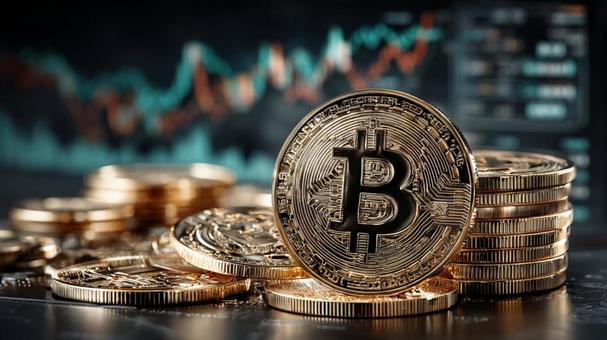 A pile of bitcoins with a stock chart in the background, bit coin, virtual currency, encryption currency, JPG