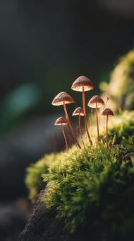 苔の上に群生する繊細なきのこ 苔の上に群生する繊細なきのこの写真