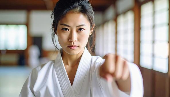 空手の型をとる若い女性 空手の型をとる若い女性の写真