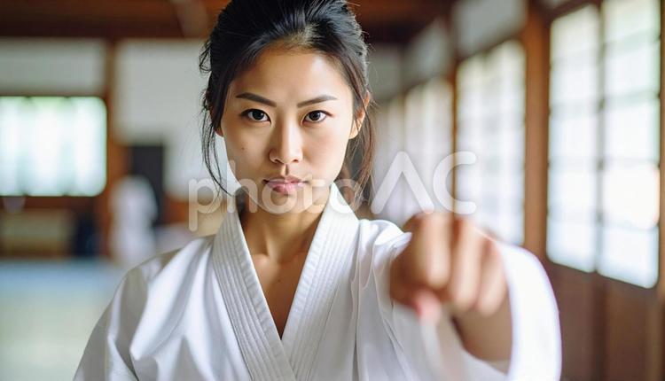 空手の型をとる若い女性 空手,空手家,拳の写真素材
