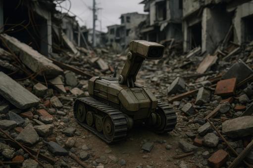 瓦礫の中を捜索する救助ロボット 瓦礫の中を捜索する救助ロボットの写真