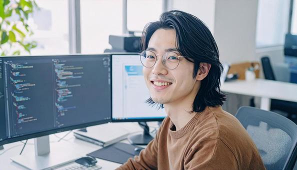 プログラミングをする男性エンジニア プログラミングをする男性エンジニアの写真