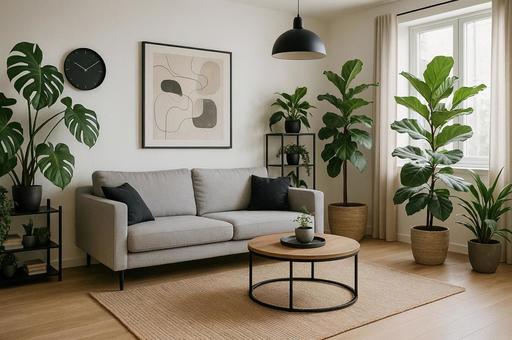 観葉植物に囲まれたモダンなリビングルームの写真