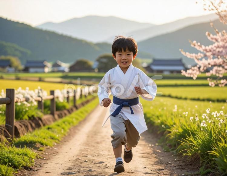 田舎道を柔道着を着て走ってくる男の子 稲穂,日本人,田舎の写真素材