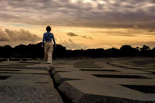 ＜素材＞夕暮れの海辺を歩く女性の後ろ姿 女性,悩む,海の写真素材