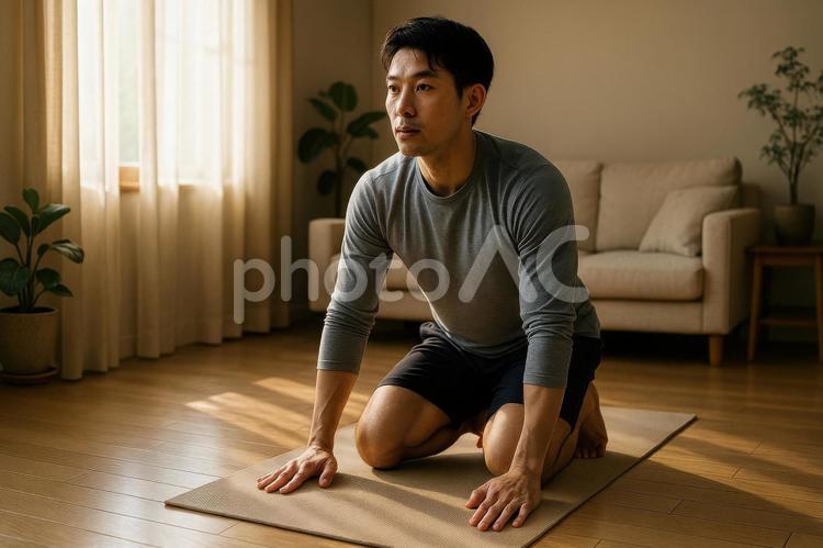 男性のヨガ・ストレッチ 男性,日本人,ヨガの写真素材