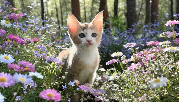 Spring flower garden and cute kitten, JPG