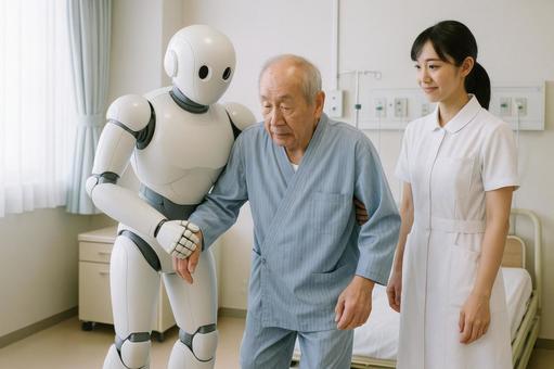 介護ロボットと歩行訓練の写真