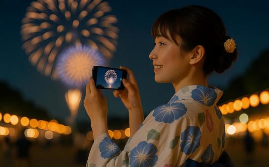 浴衣で花火を撮影する女性(AI) 浴衣で花火を撮影する女性(AI)の写真