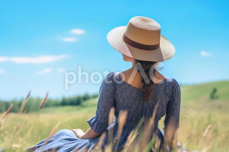 公園の広場に座る女性 01 女性,ai,後ろ姿の写真素材