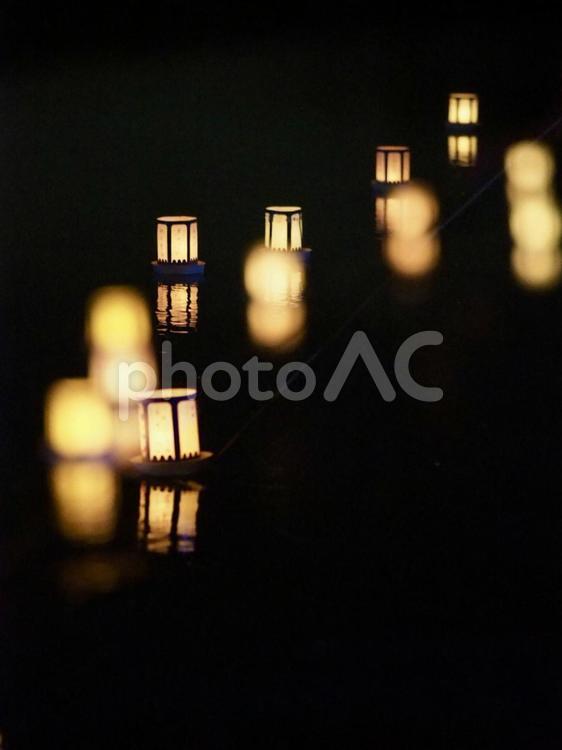 灯籠流し　川　伝統　光　お祭り　風情　夏 灯籠,水面,反射の写真素材