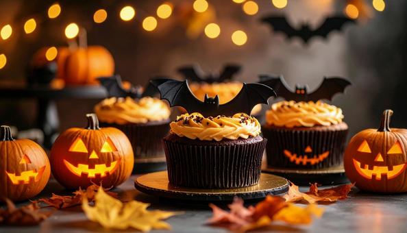 並ぶケーキが奏でるハロウィンの夜の写真