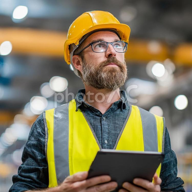 タブレットでデータを確認する専門家 安全コンサルタント,男性,作業着の写真素材