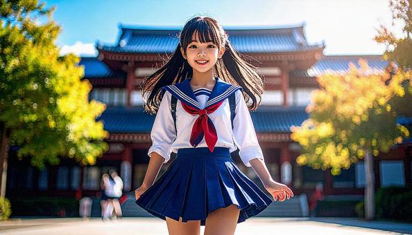 学校に通うセーラー服姿の女の子 学校に通うセーラー服姿の女の子の写真