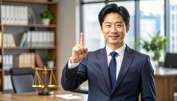 人差し指を立てて立つ日本人男性弁護士 人差し指を立てて立つ日本人男性弁護士の写真