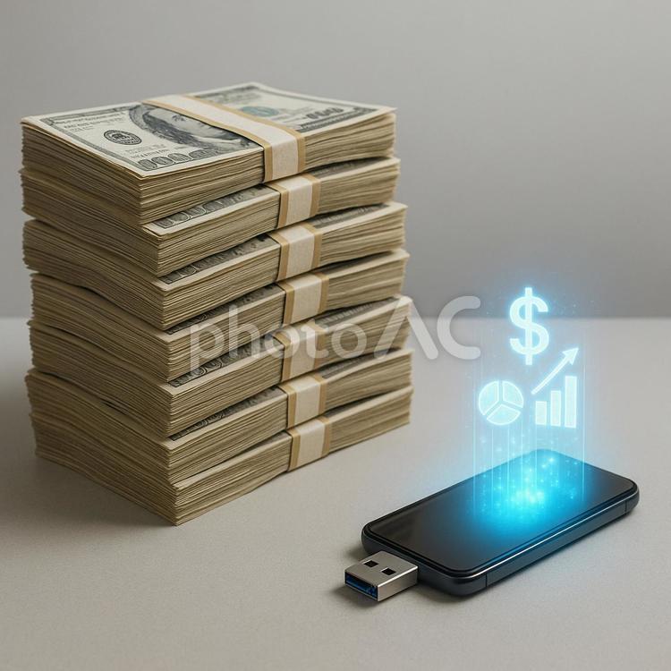 現金とデジタル資産概念 現金,紙幣,ドルの写真素材