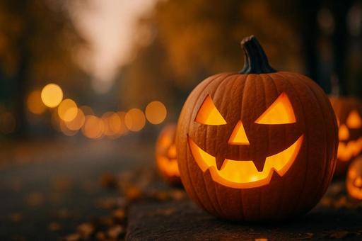 ジャックオーランタンと秋の街並みの写真
