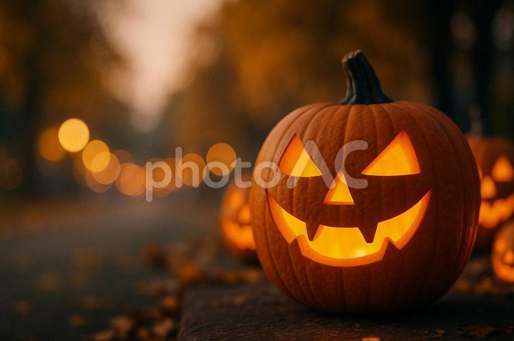 ジャックオーランタンと秋の街並み ハロウィン,ジャックオーランタン,秋の写真素材
