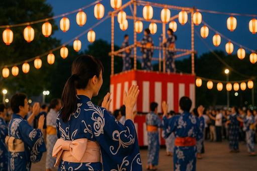 夏祭りの盆踊りと浴衣姿・提灯・お祭り 夏祭りの盆踊りと浴衣姿・提灯・お祭りの写真