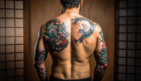 男性の背中と腕の精密な和彫りの刺青の写真