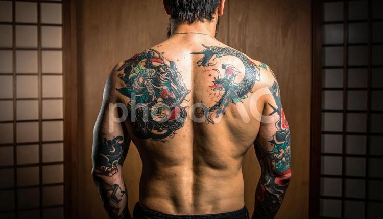 男性の背中と腕の精密な和彫りの刺青 入れ墨,男性,龍の写真素材