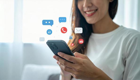 携帯電話でソーシャルメディアを楽しむ女性の写真