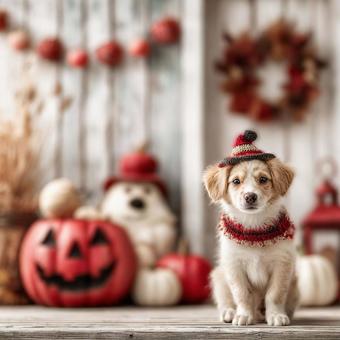 子犬とホワイトハロウィンの写真