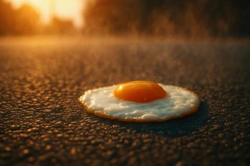 アスファルトで目玉焼きが焼ける様子 アスファルトで目玉焼きが焼ける様子の写真