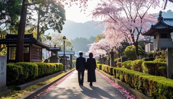 墓参り・お葬式に来た喪服の日本人夫婦 墓参り・お葬式に来た喪服の日本人夫婦の写真